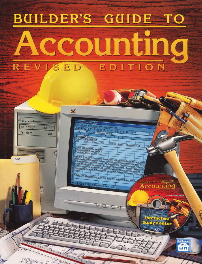 Builder’s Guide to Accounting revised edition book cover with desktop computer, yellow hard hat, tools, and software CD