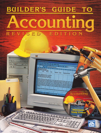 Builder’s Guide to Accounting revised edition book cover with desktop computer, yellow hard hat, tools, and software CD