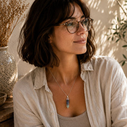 Person wearing a Fluorite point pendant on a delicate silver chain with neutral clothing in warm natural light.