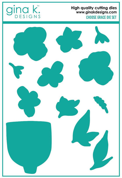 Gina K. Designs - Stamps - Choose Grace. Choose Grace is a stamp set by Gina K Designs. This set is made of premium clear photopolymer and measures 6" X 8". Made in the USA.  Coordinating die set Choose Grace sold separately.  FEATURES bamboo, flowers, vase, leaves, grace. Available at Embellish Away located in Bowmanville Ontario Canada.
