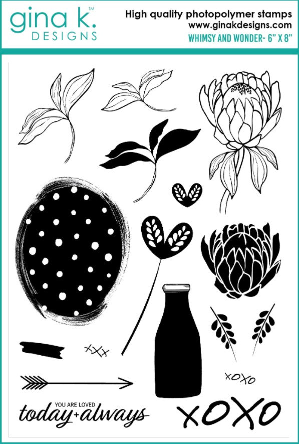 Gina K. Designs - Stamp & Die Set - Whimsy And Wonder. Whimsy and Wonder is a set by Lisa Hetrick. This set is made of premium clear photopolymer and measures 6" X 8". Made in the USA. Available at Embellish Away located in Bowmanville Ontario Canada.