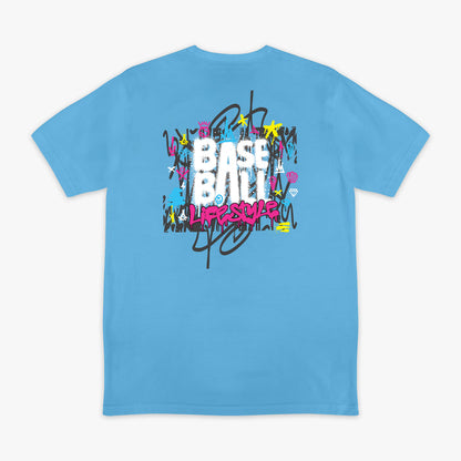 Blue graphic tee with “Graffiti Drip” design — back view