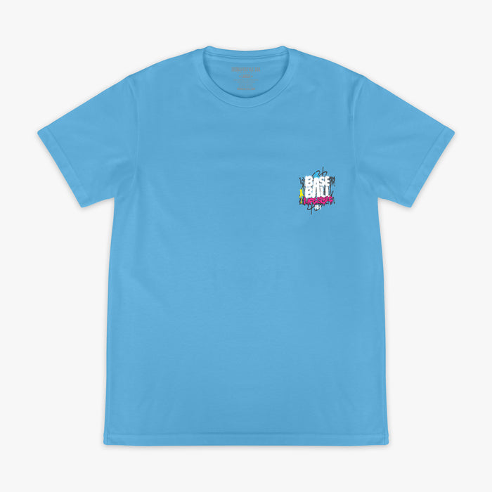 Blue graphic tee with “Graffiti Drip” design — front view