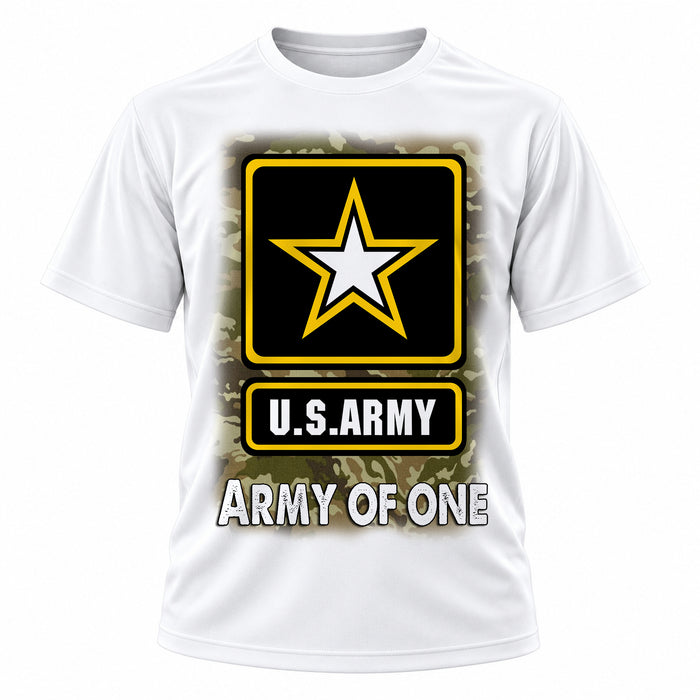 Military service-inspired emblem on personalized graphic T-shirt, Mythic Airbrush design H056