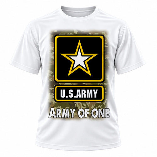 Military service-inspired emblem on personalized graphic T-shirt, Mythic Airbrush design H056