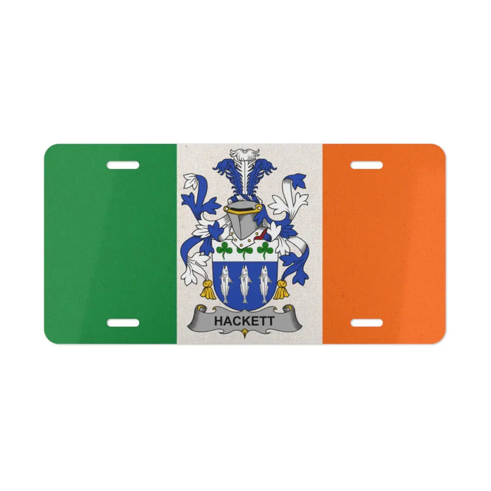 Irish flag license plate featuring the Hackett family crest