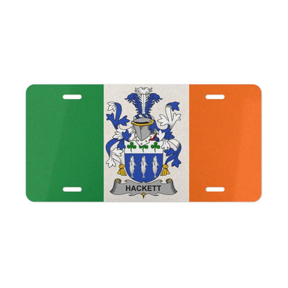 Irish flag license plate featuring the Hackett family crest