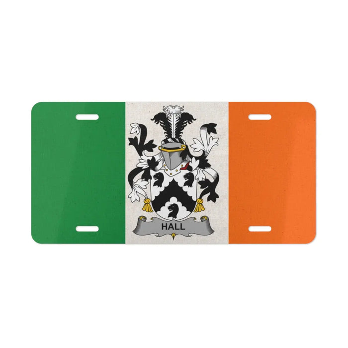 Irish flag license plate featuring the Hall family crest
