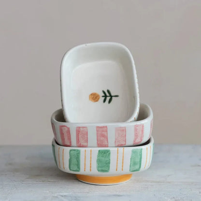 Hand Painted Stoneware Dish | Stripes + Flowers