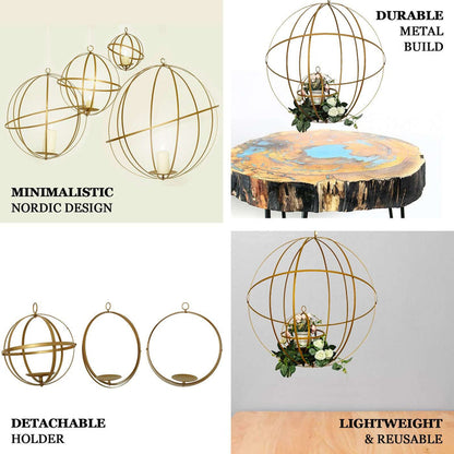 Minimalistic metal hanging globes for decor, featuring detachable holders and lightweight design.