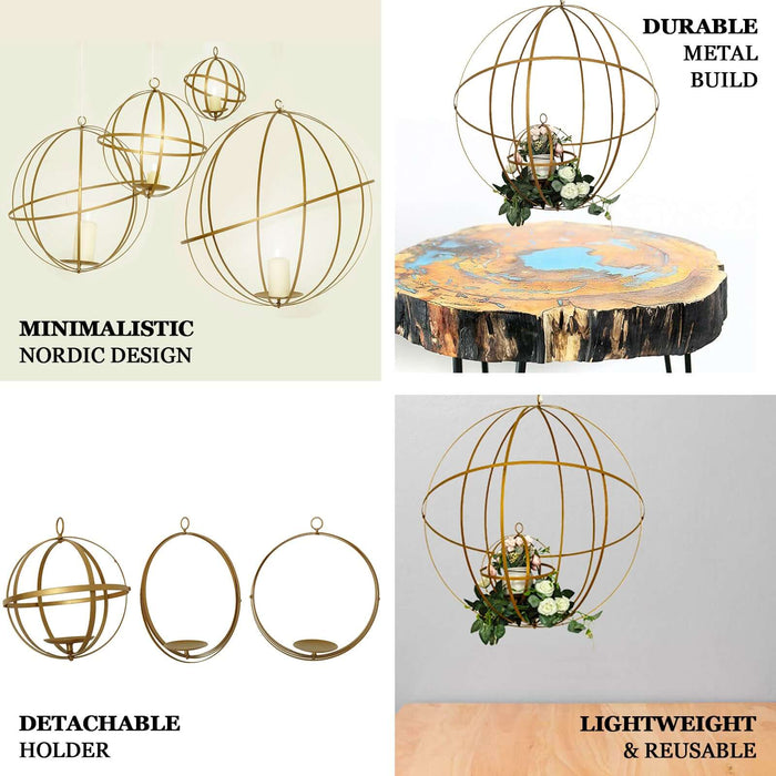 Minimalistic metal orb planters in gold with detachable holders and lightweight design.