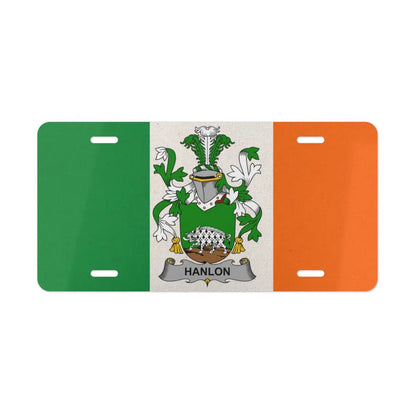 Irish flag license plate featuring the Hanlon family crest