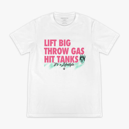 White graphic tee with "Hit Tanks" design — front view