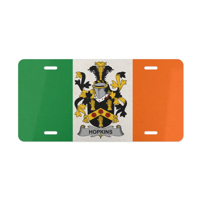 Irish flag license plate featuring the Hopkins family crest