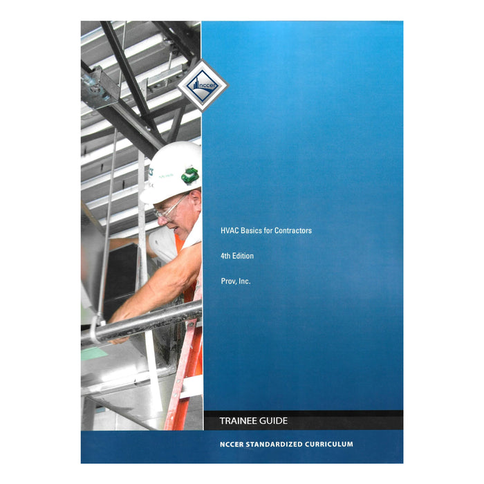 Cover of HVAC Basics for Contractors 4th Edition trainee guide showing worker on ladder installing HVAC components