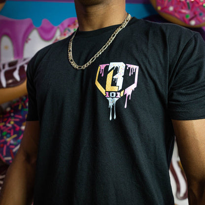 Adult model wearing black Ice Cream Cotton Candy graphic tee