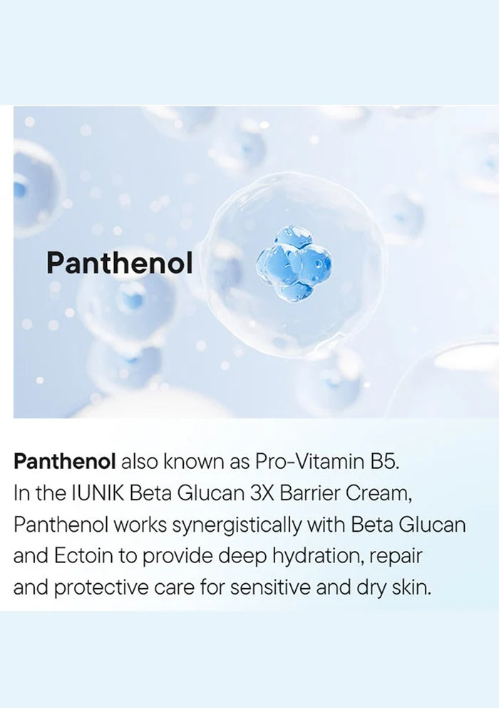Text about Panthenol, Pro-Vitamin B5, and its use in skincare cream with a blue droplet graphic.