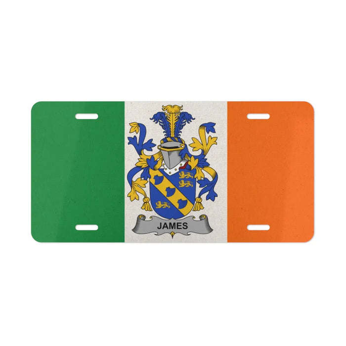 Irish flag license plate featuring the James family crest