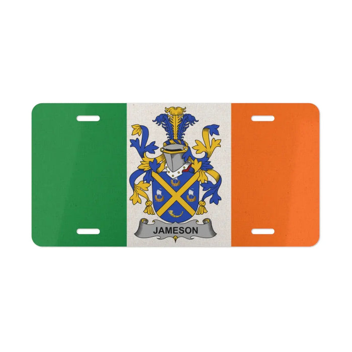 Irish flag license plate featuring the Jameson family crest