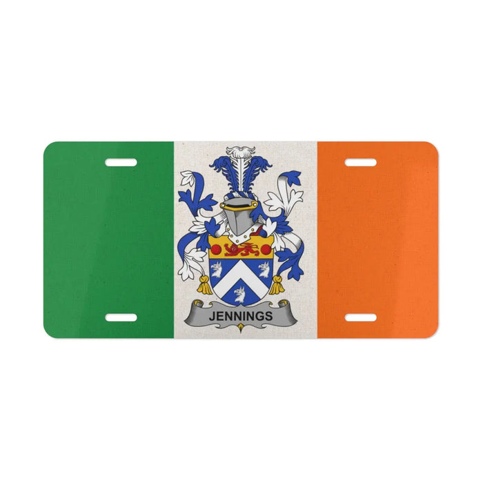 Irish flag license plate featuring the Jennings family crest