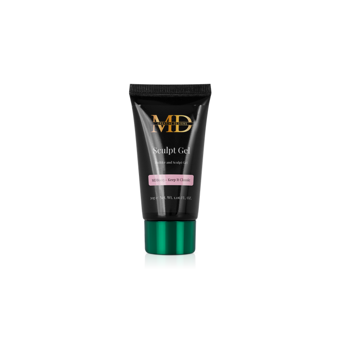 Black tube of MD Sculpt Gel with green base on a white background