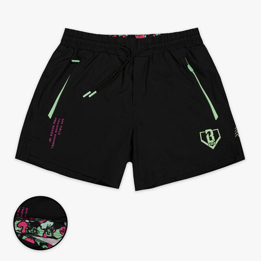 Black shorts with liner with "King Of JUCO Pro Series V2" design — front view