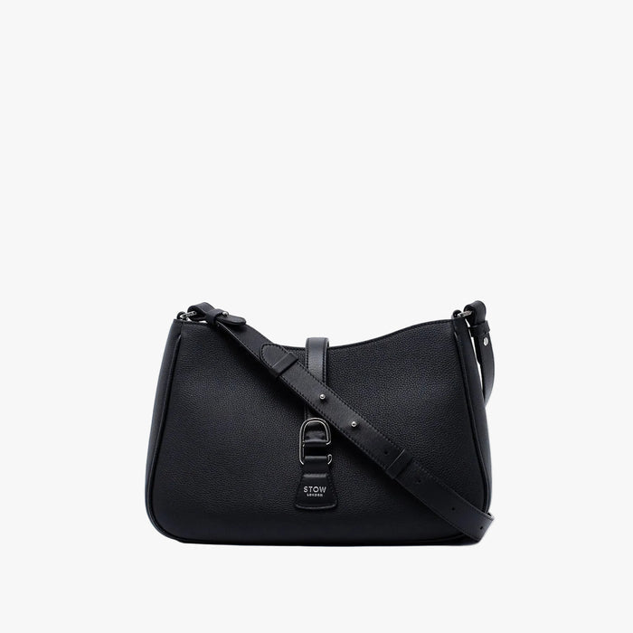 STOW London's Beth bag and detachable crossbody strap in Black leather featuring silver stainless steel hardware on a white background
