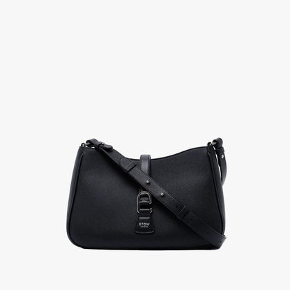 STOW London's Beth bag and detachable crossbody strap in Black leather featuring silver stainless steel hardware on a white background