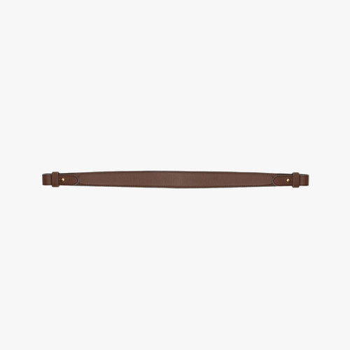 Detachable shoulder strap for STOW London's Curve, Midi Curve and East West in Chocolate smooth leather on a light grey background featuring gold hardware