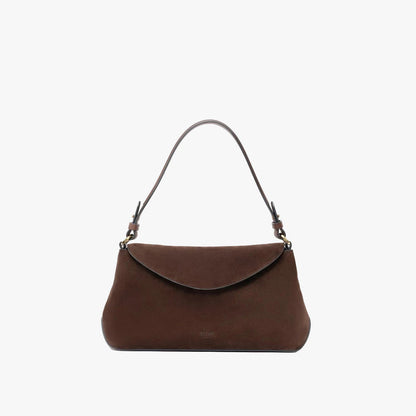 STOW London's East West in Chocolate suede leather on a light grey background featuring the detachable shoulder strap with gold hardware