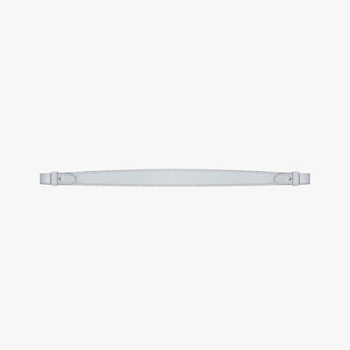 Detachable shoulder strap for STOW London's Curve, Midi Curve and East West in Misty Blue smooth leather on a light grey background featuring gold hardware