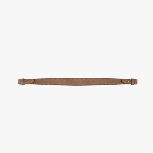 Detachable shoulder strap for STOW London's Curve, Midi Curve and East West in Mocha smooth leather on a light grey background featuring gold hardware