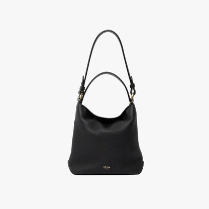 STOW London's Midi Curve and detachable shoulder strap and top handle in Black leather  out on a light grey background featuring gold hardware and details