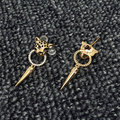 Mio Queena leopard head earrings with gold-tone finish, featuring detailed leopard face design on each earring.