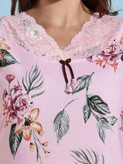 Premium Lilly Pink Floral Rayon Nightdress for Women