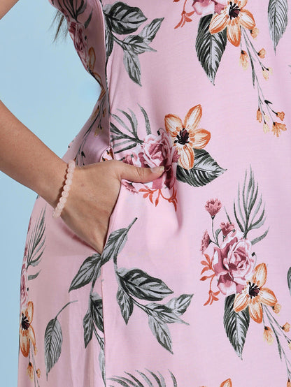 Premium Lilly Pink Floral Rayon Nightdress for Women