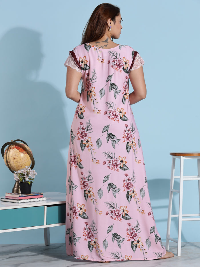 Premium Lilly Pink Floral Rayon Nightdress for Women