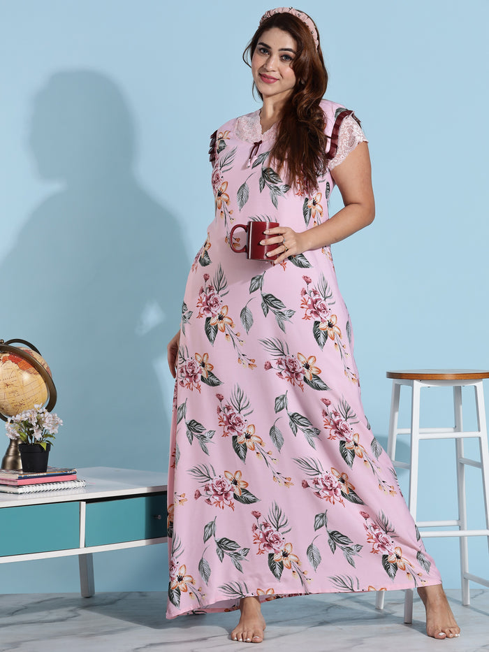 Premium Lilly Pink Floral Rayon Nightdress for Women