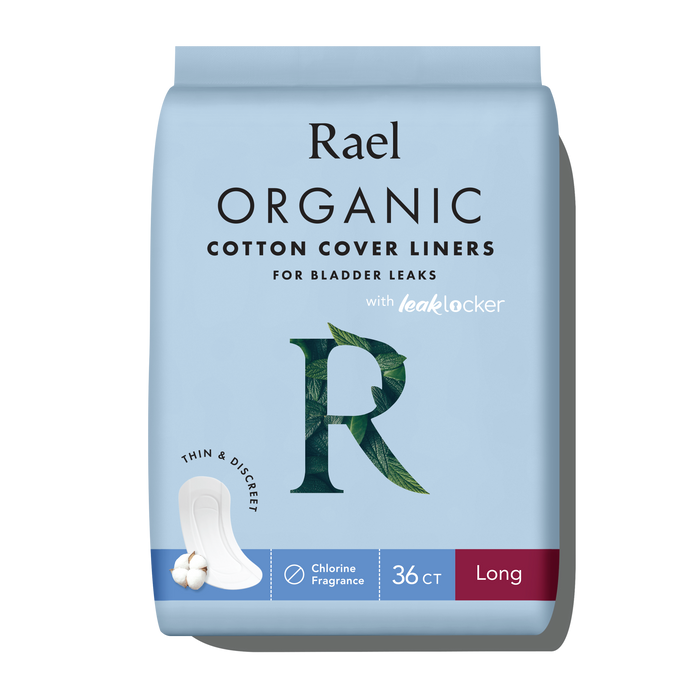 Packaging of Rael Organic Cotton Cover Incontinence Liners with 36 count displayed. The package is colored in light blue with product image and details.