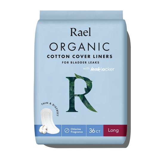 Packaging of Rael Organic Cotton Cover Incontinence Liners with 36 count displayed. The package is colored in light blue with product image and details.