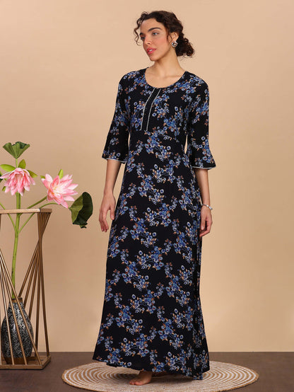 Deep Blue Rayon Floral Print Nighty for Women