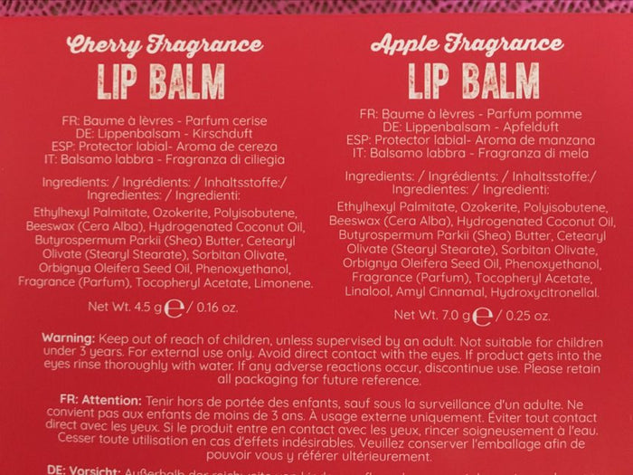 christmas mad beauty elf duo lip balm packaging rear showing ingredients and information