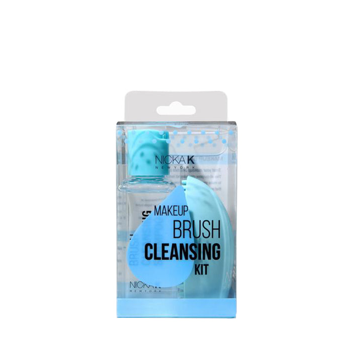 NICKA K makeup brush cleansing kit with travel cleansing bottle and blue silicone brush scrub pad