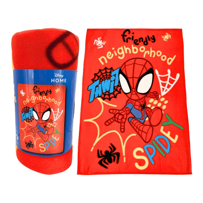 marvel spidey fleece blanket featuring colourful superhero character artwork