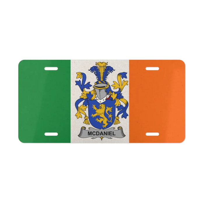 Irish flag license plate featuring the McDaniel family crest