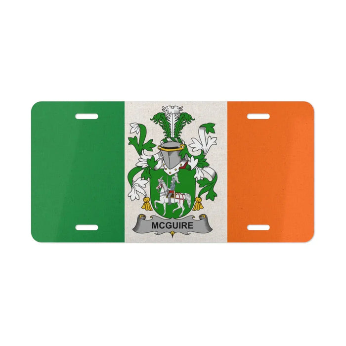 McGuire family crest knight on horseback license plate with the Irish flag