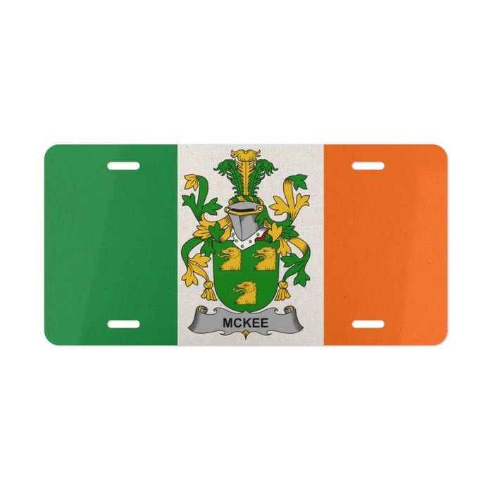 Irish flag license plate featuring the McKee family crest