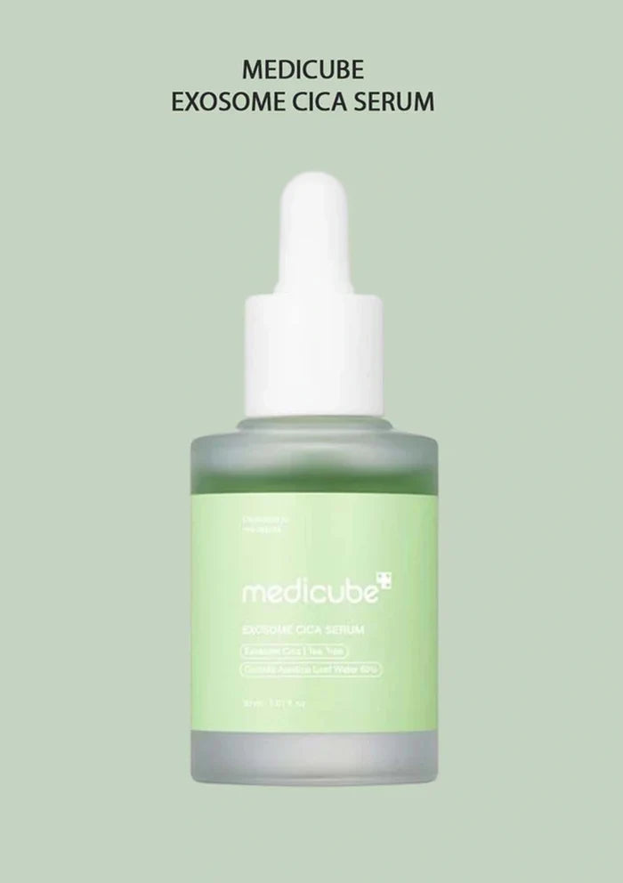 Medicube Exosome Cica Serum bottle on a light green background