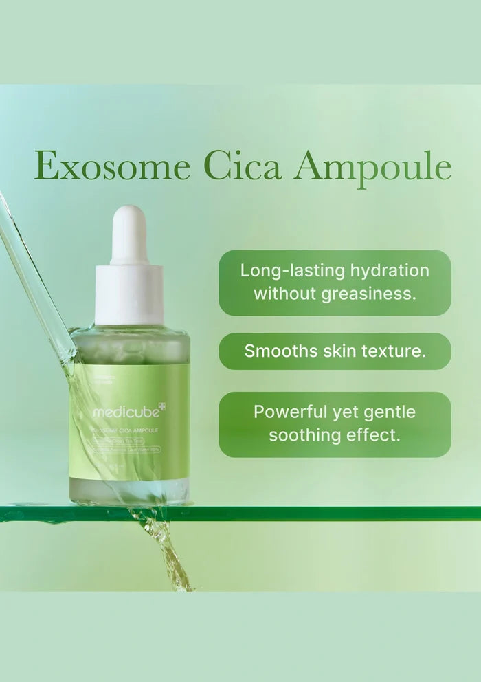 Exosome Cica Ampoule bottle with dropper on a green background
