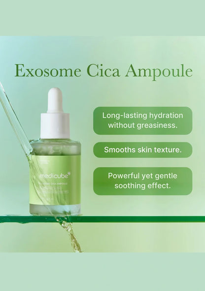 Exosome Cica Ampoule bottle with dropper on a green background